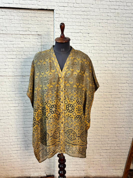 Kashish Yellow Ajrakh Chanderi Shirt Kaftan with Sequin Detailing