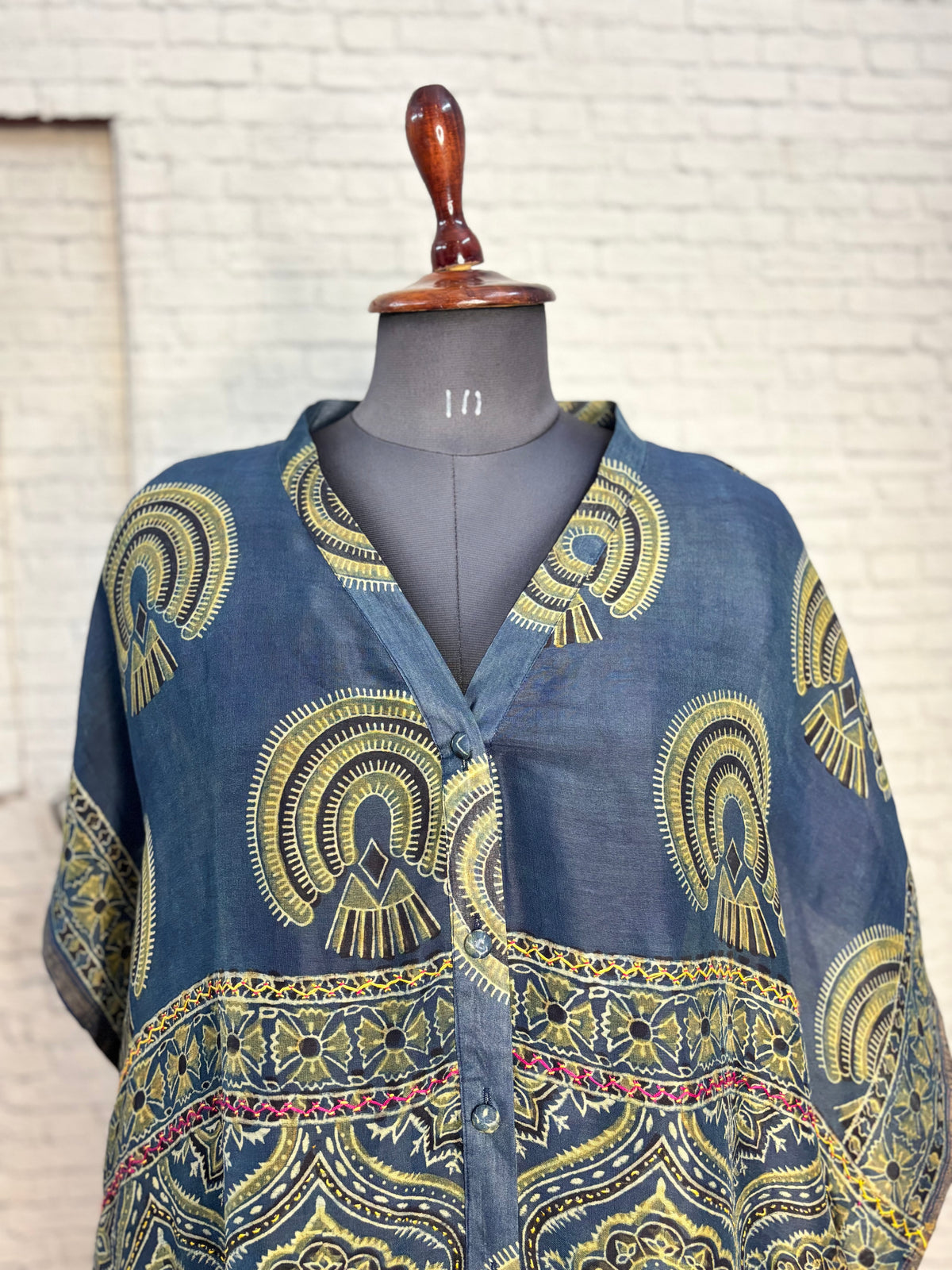 Indigo Green Ajrakh Chanderi Shirt Kaftan with Hand Embroidery