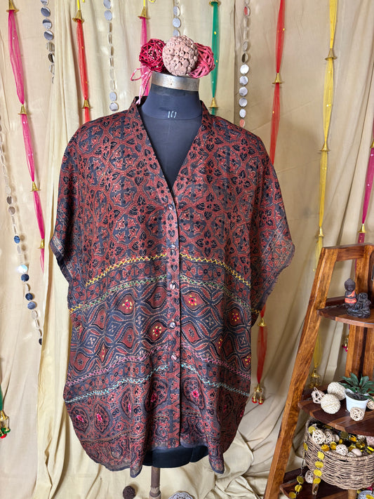 Indigo Red Ajrakh Chanderi Shirt Kaftan with Hand Embroidery
