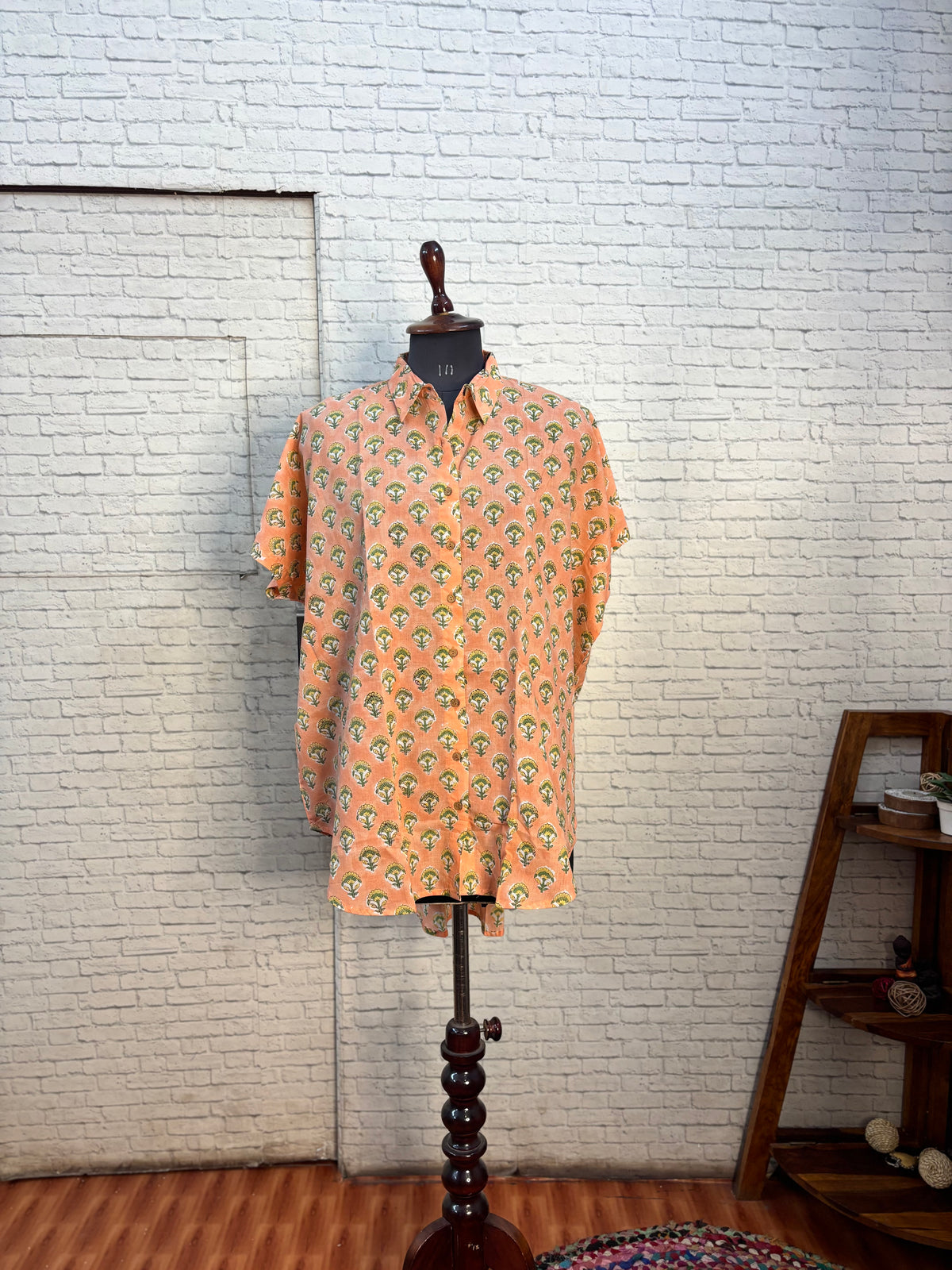 Peach Hand Block Printed Cotton High Low Shirt Kaftan