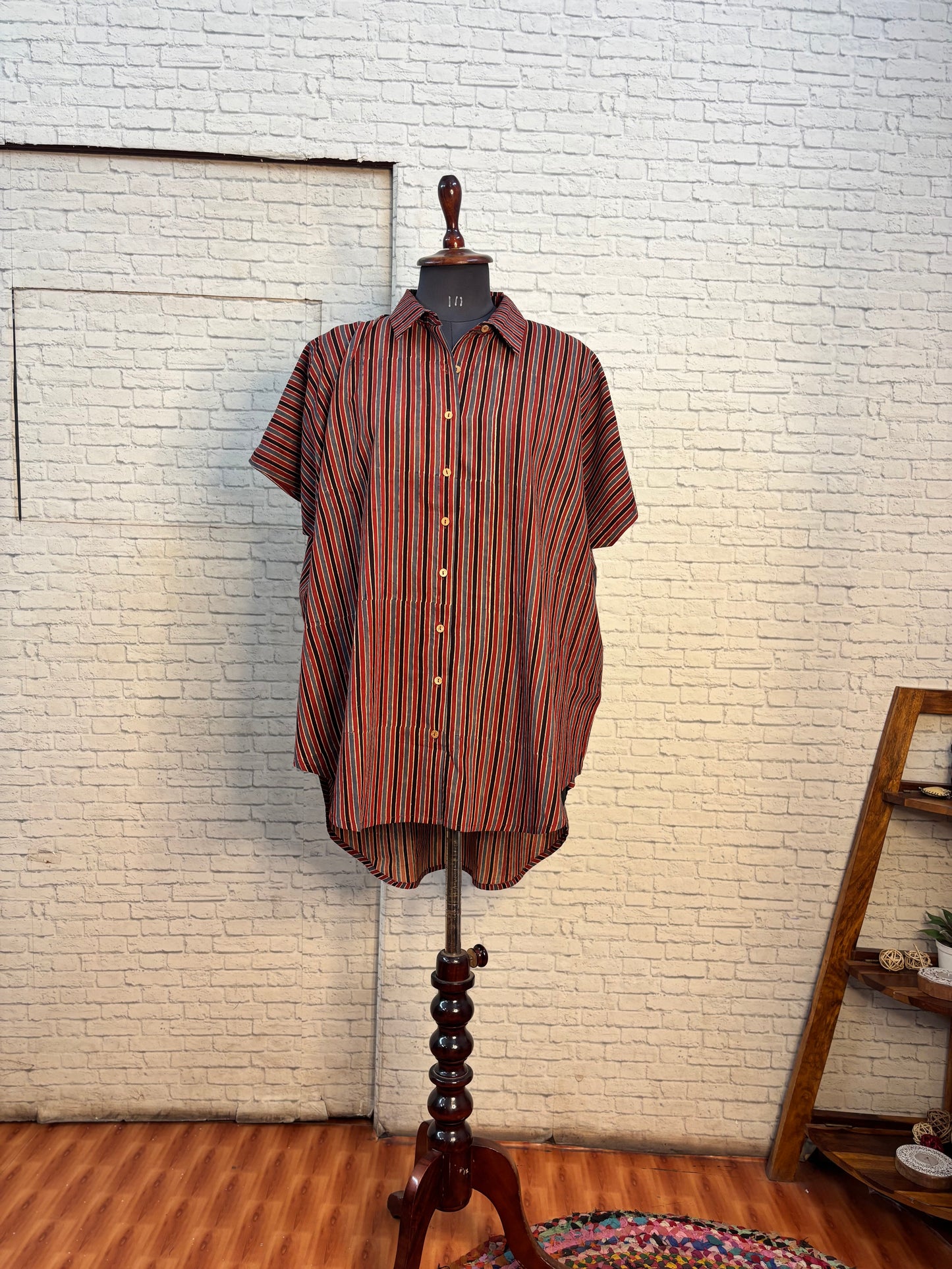 Red Blue Stripes Ajrakh Cotton High Low Shirt Kaftan