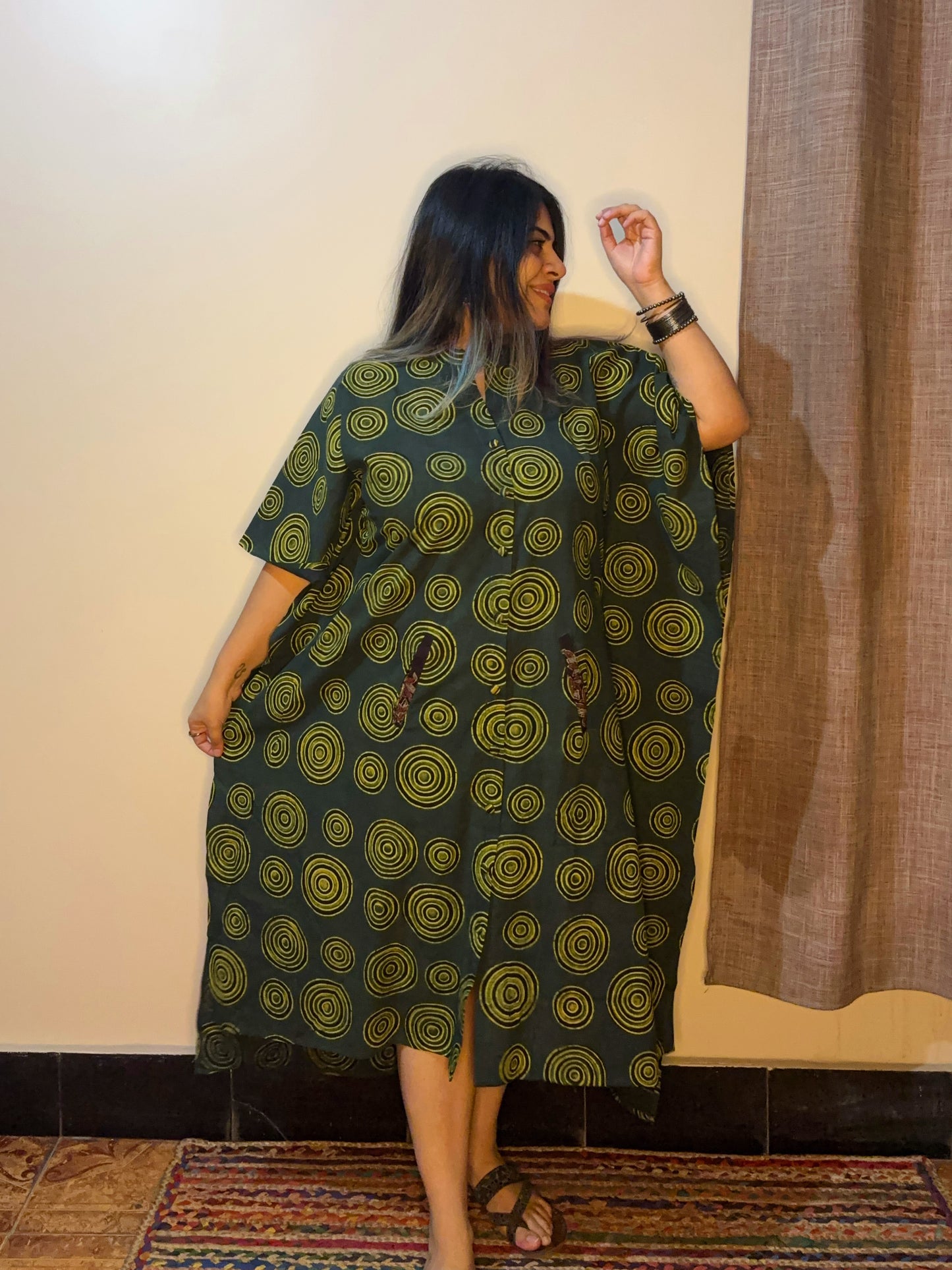 Green High Low Ajrakh Midi Cotton Shirt Kaftan