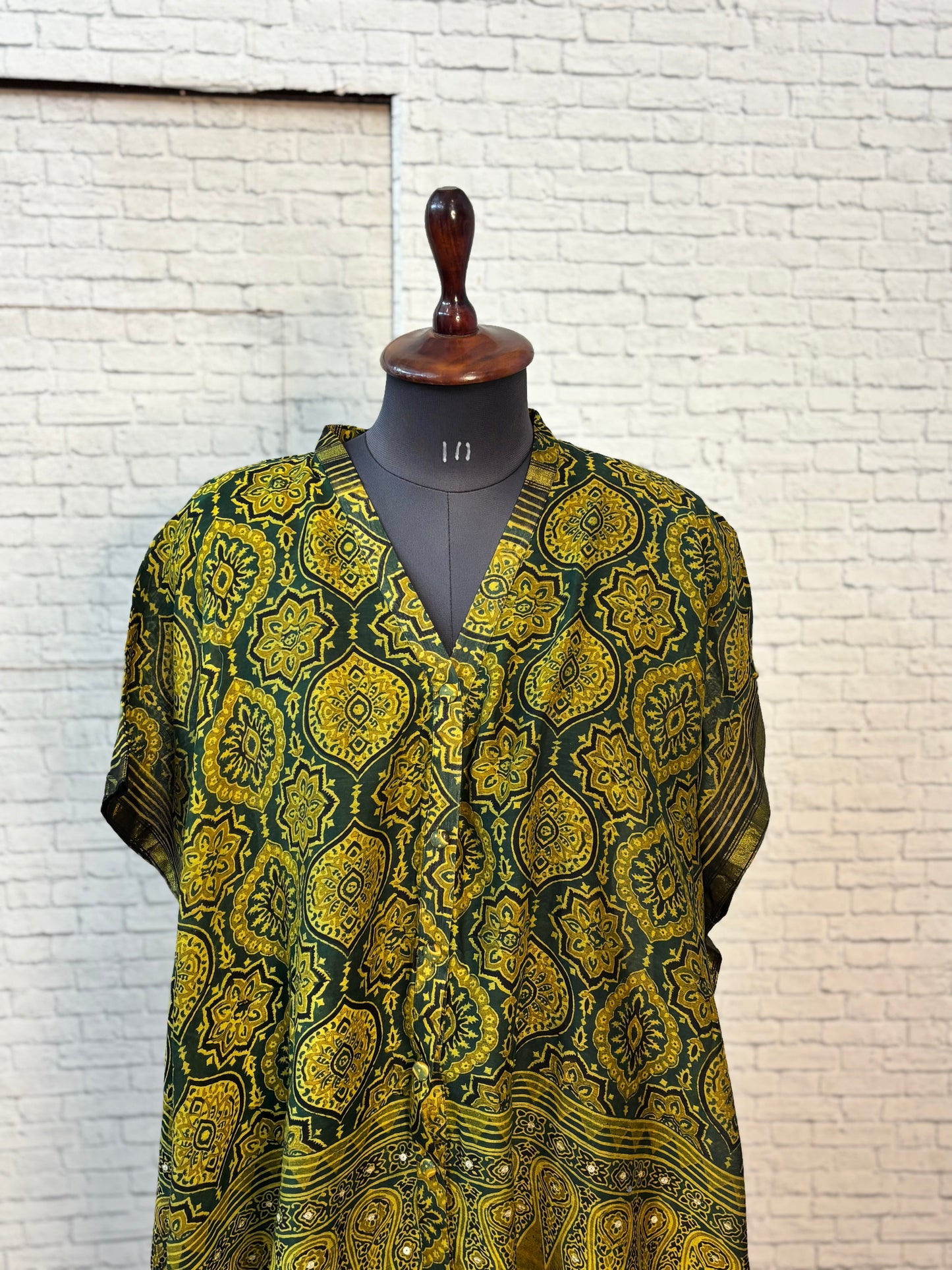 Green Ajrakh Chanderi Shirt Kaftan with Sequin Detailing