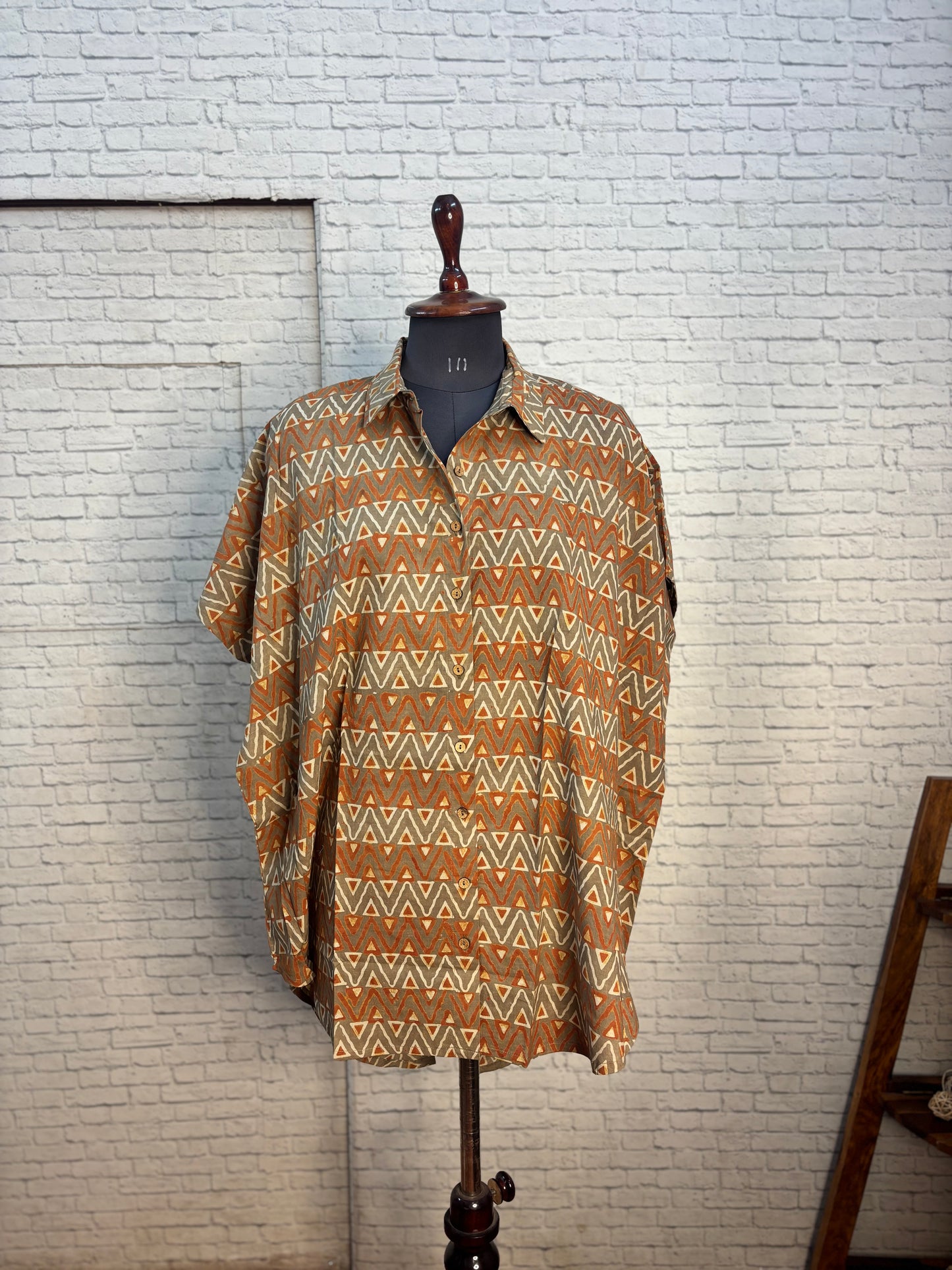 Brown Orange Triangle Ajrakh Cotton High Low Shirt Kaftan