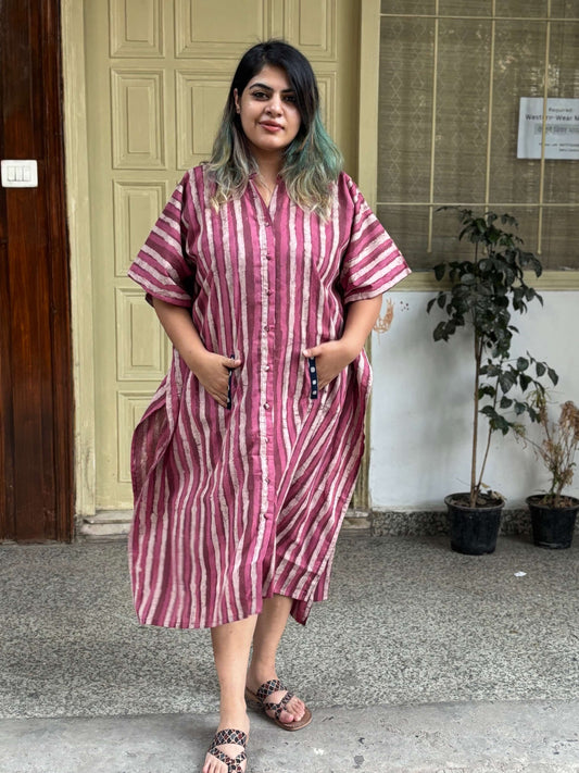 Pink Dabu Stripes High Low Midi Cotton Shirt Kaftan