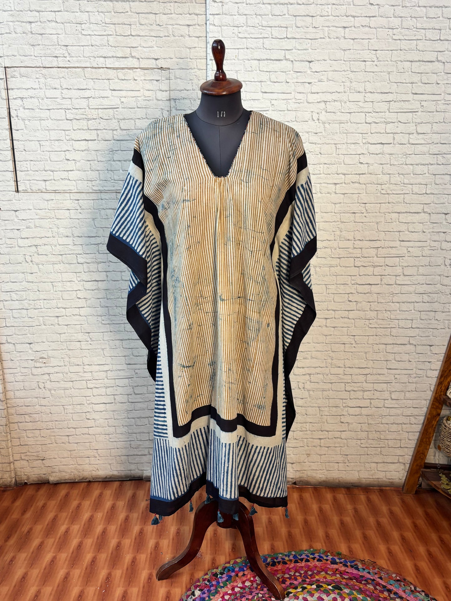 Off White Long Kaftan with Gather and Tassels