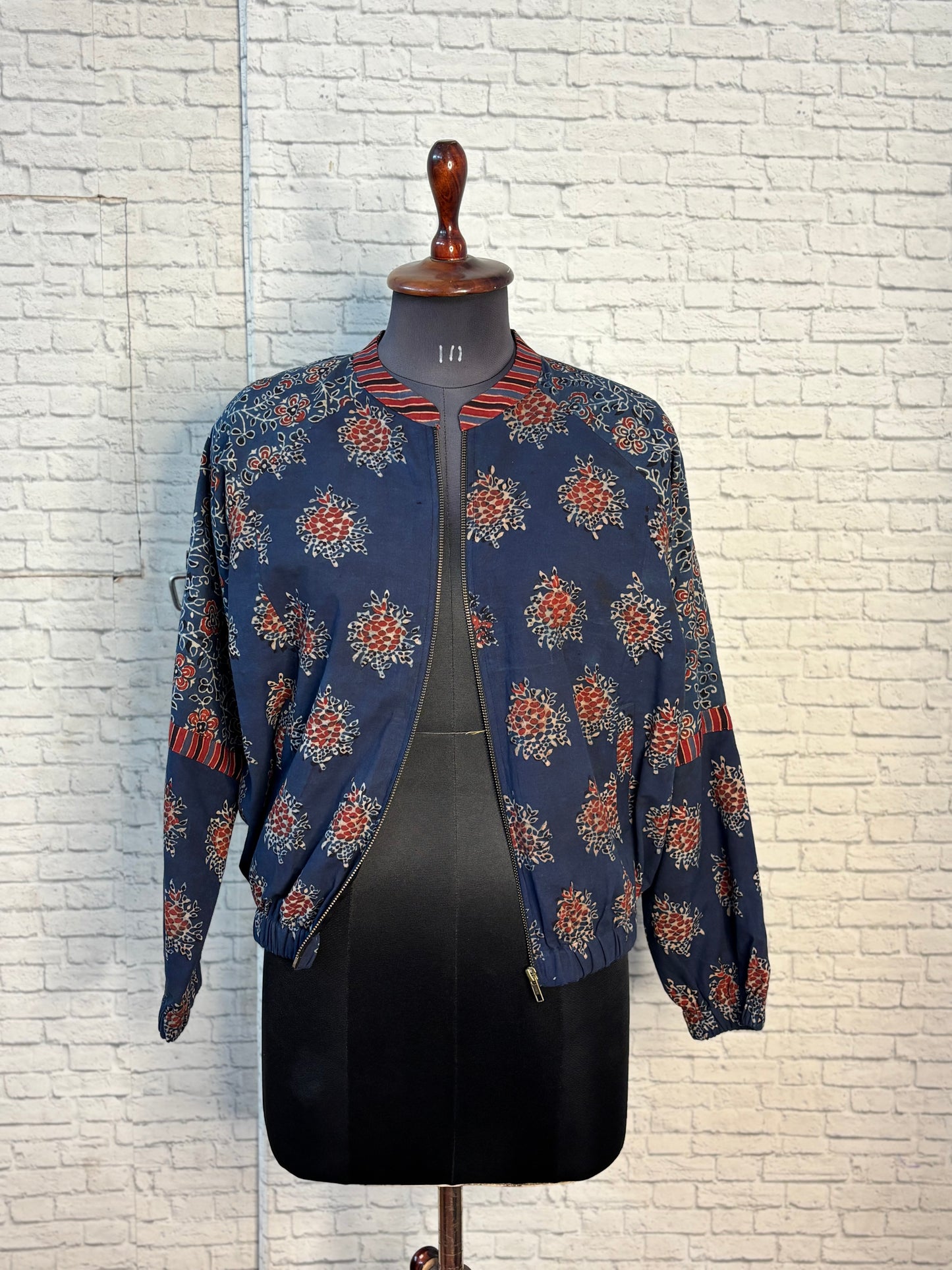 Indigo Ajrakh Hand Block Printed Unisex Bomber Jacket