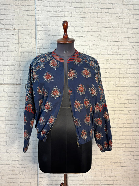 Indigo Ajrakh Hand Block Printed Unisex Bomber Jacket