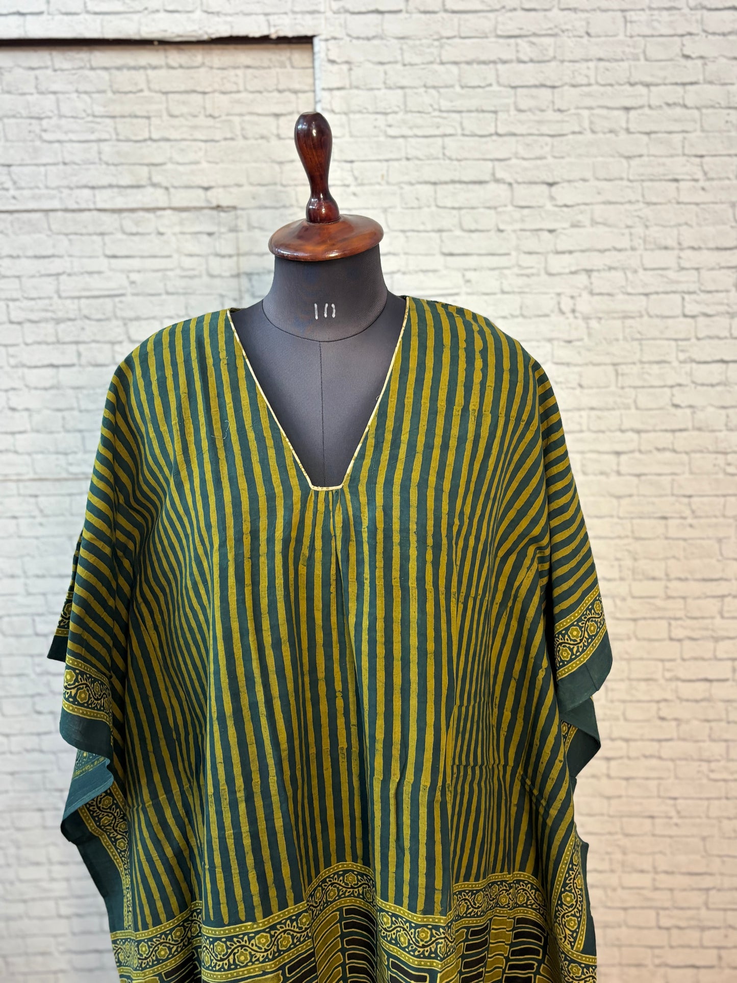 Green Ajrakh Long Kaftan with Gather and Tassels