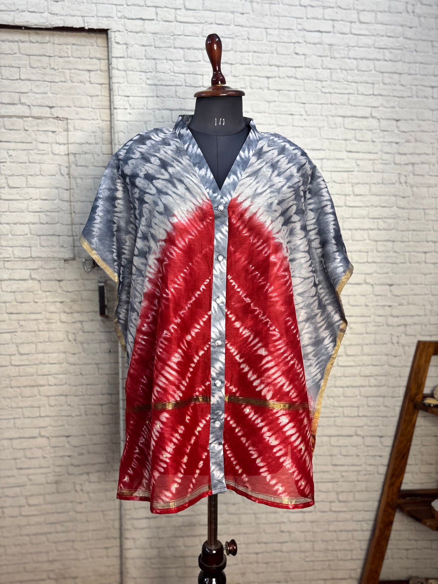 Grey Red Shibori Chanderi Shirt Kaftan with Sequin Detailing