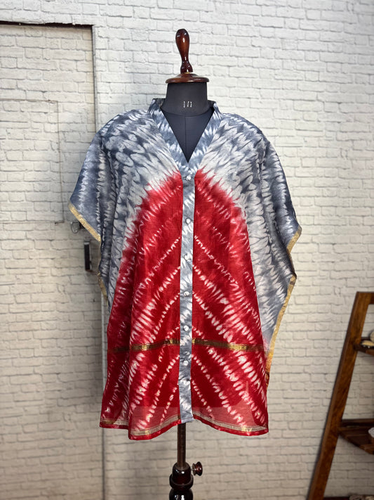 Grey Red Shibori Chanderi Shirt Kaftan with Sequin Detailing