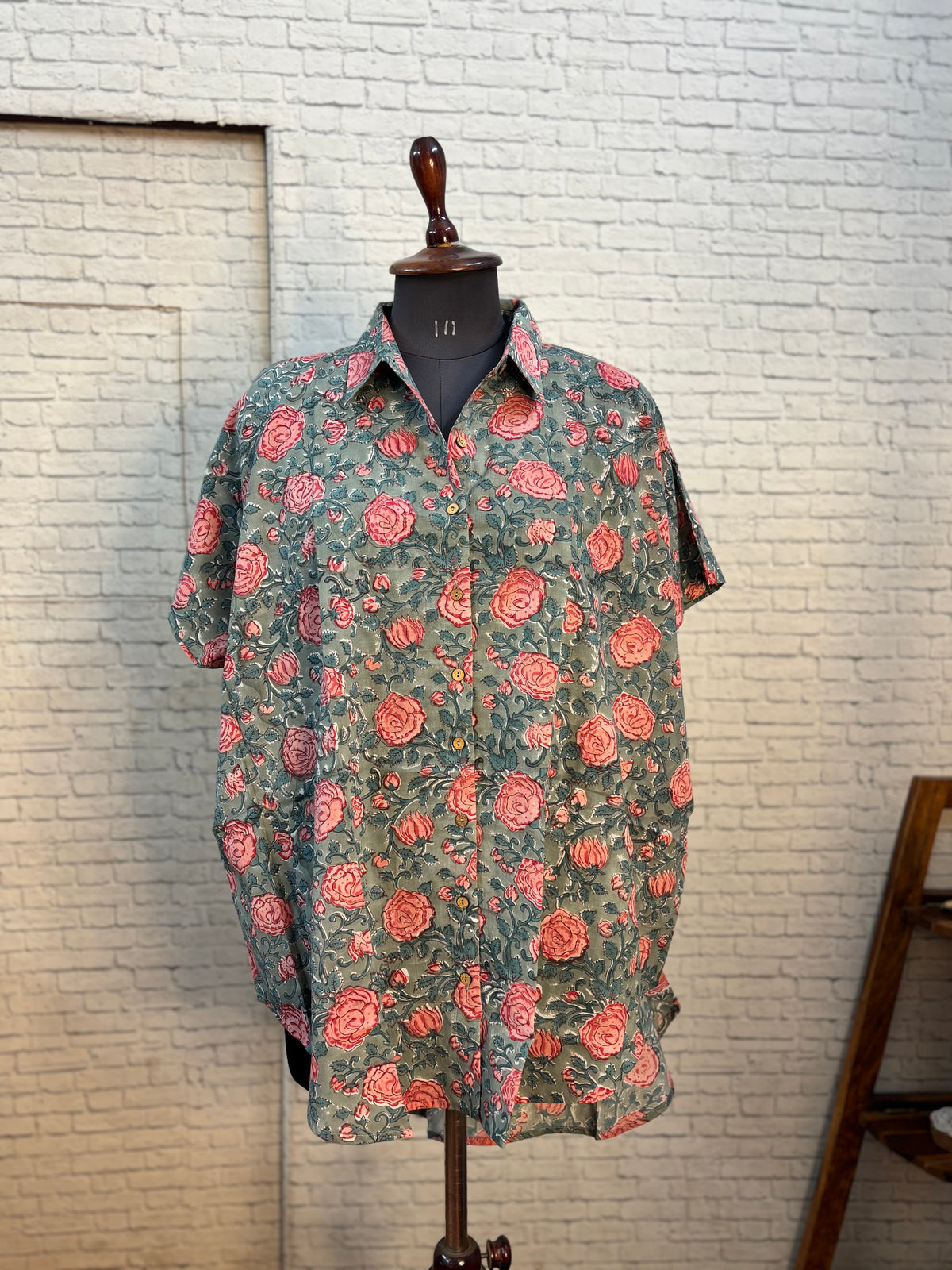 Grey Pink Roses Hand Block Printed Cotton High Low Shirt Kaftan
