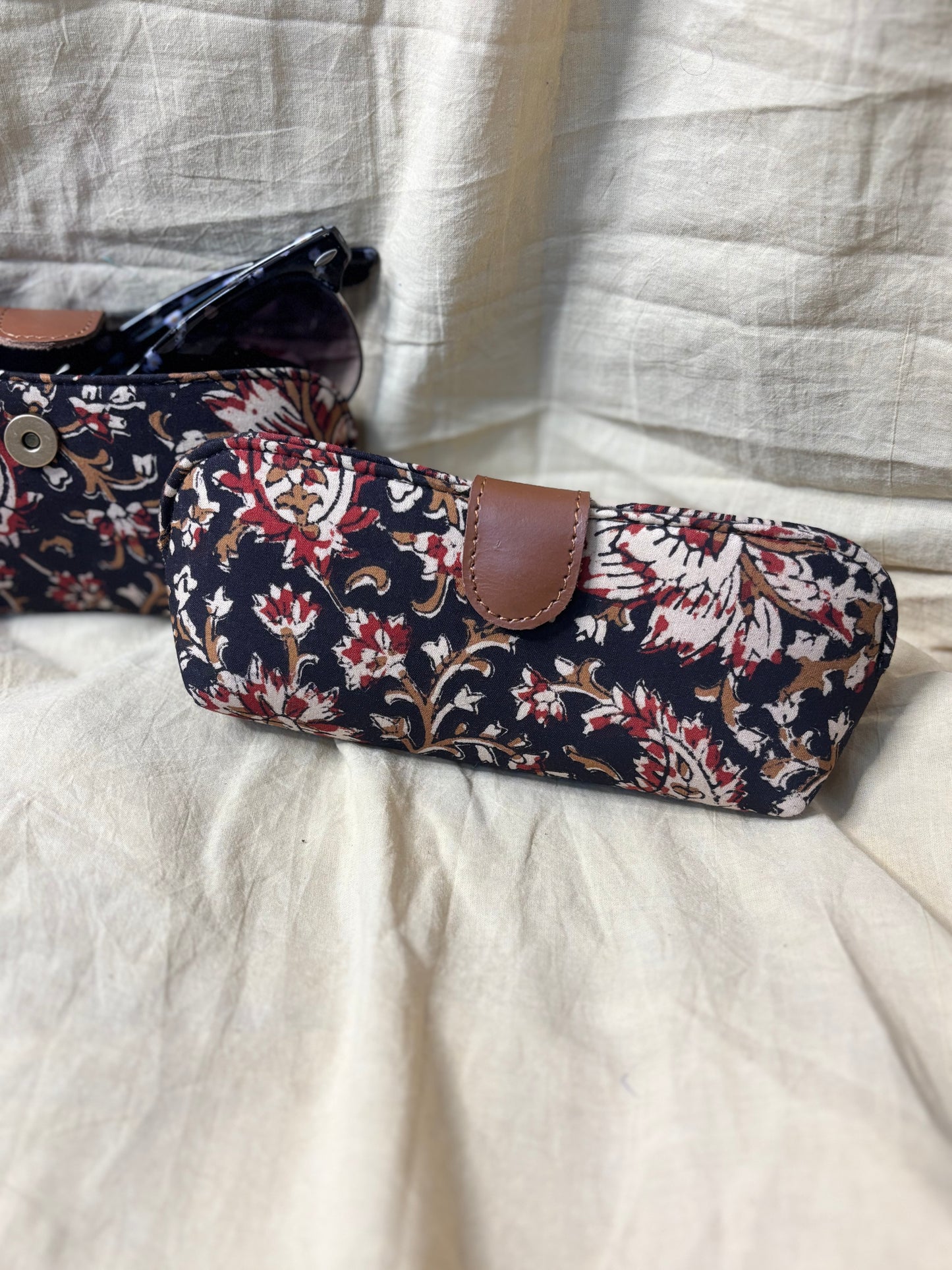 Black Floral Kalamkari Hand Block Print Eyewear Case