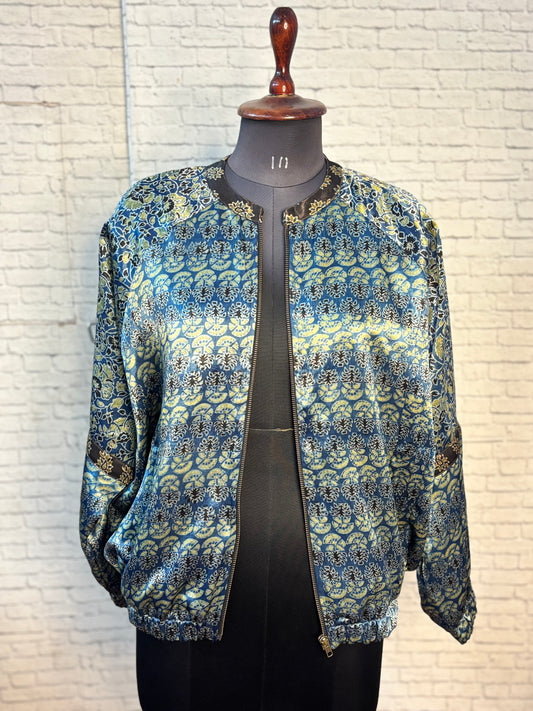 Indigo Green Mashru Silk Ajrakh Unisex Bomber Jacket