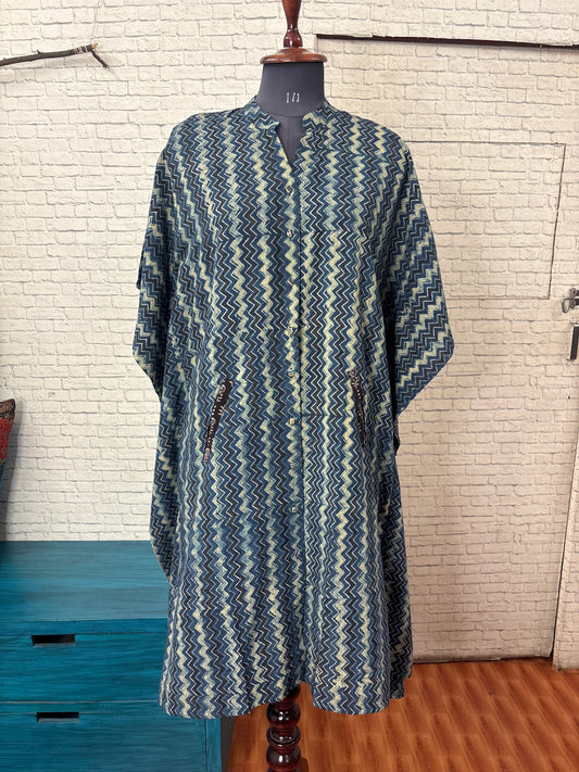 Indigo Green ZigZag High Low Midi Cotton Shirt Kaftan