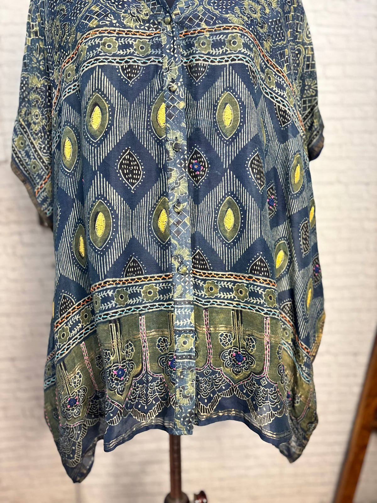 Indigo Green Ajrakh Chanderi Shirt Kaftan with Hand Embroidery