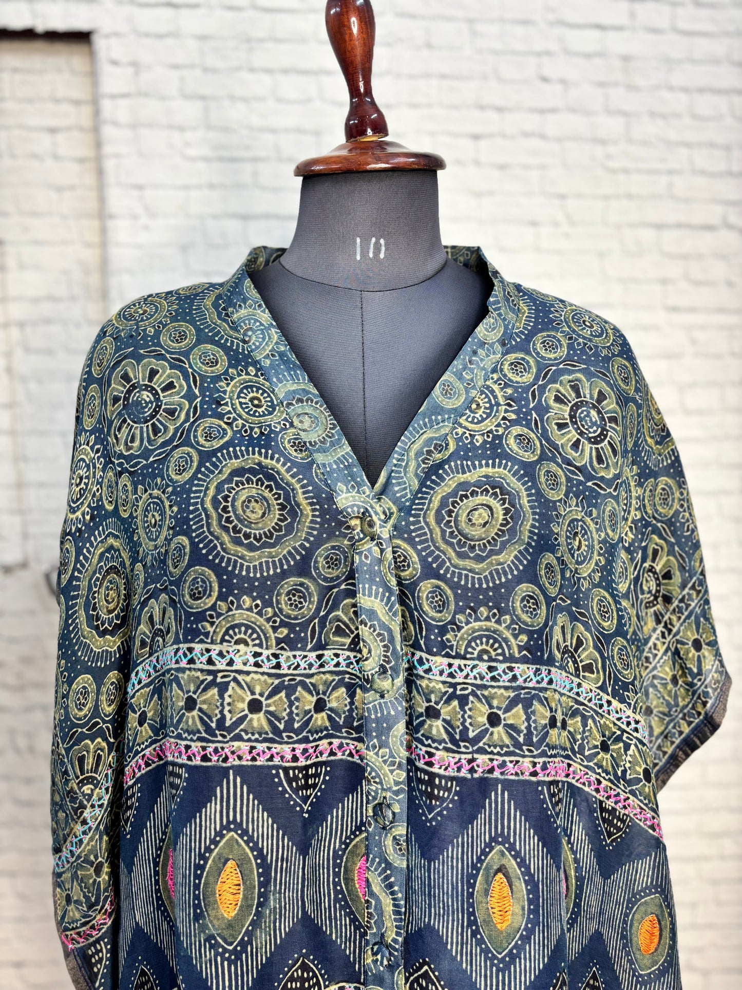 Indigo Green Ajrakh Chanderi Shirt Kaftan with Hand Embroidery