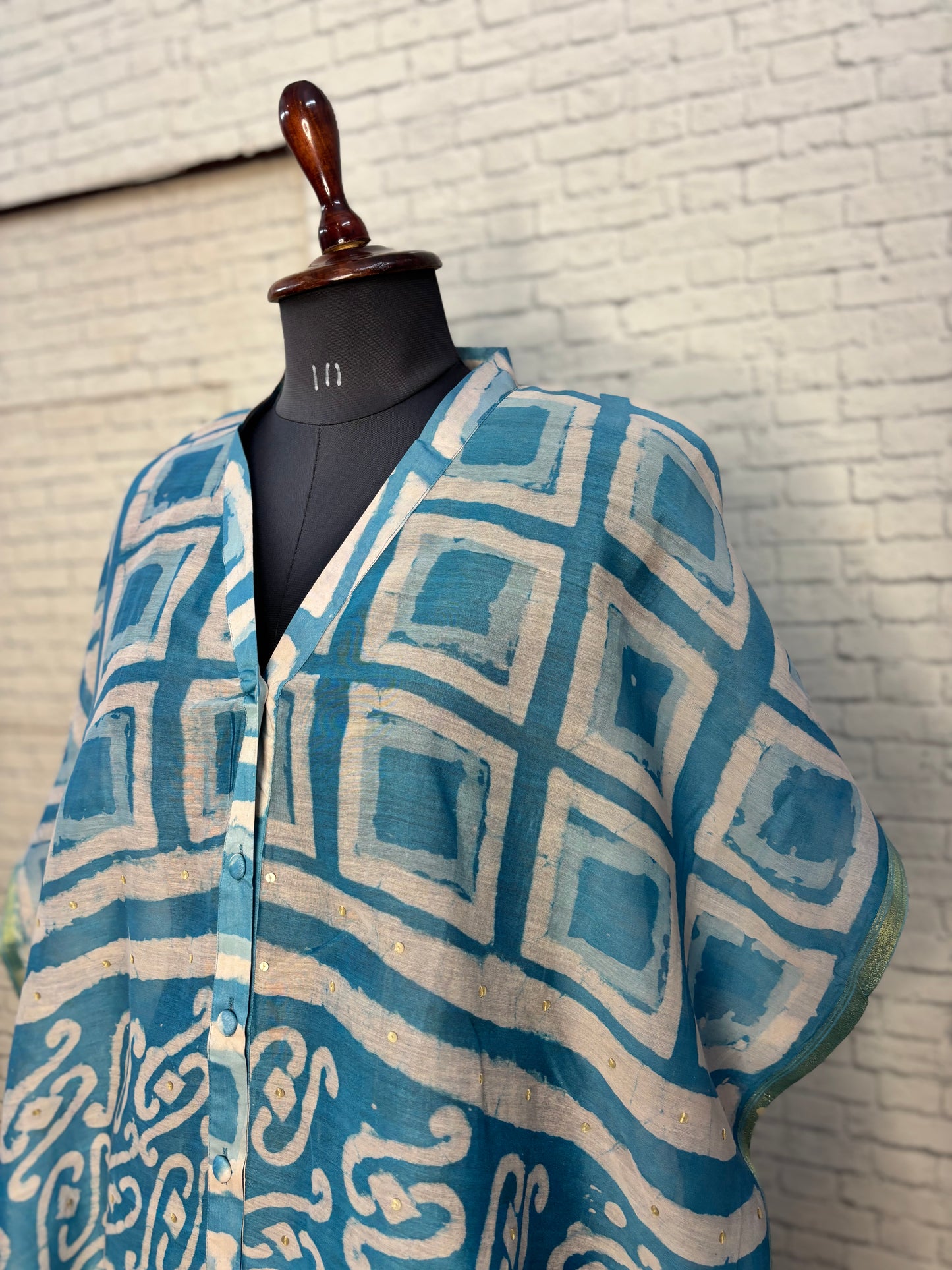 Blue Boxes Dabu Chanderi Shirt Kaftan with Sequin Detailing