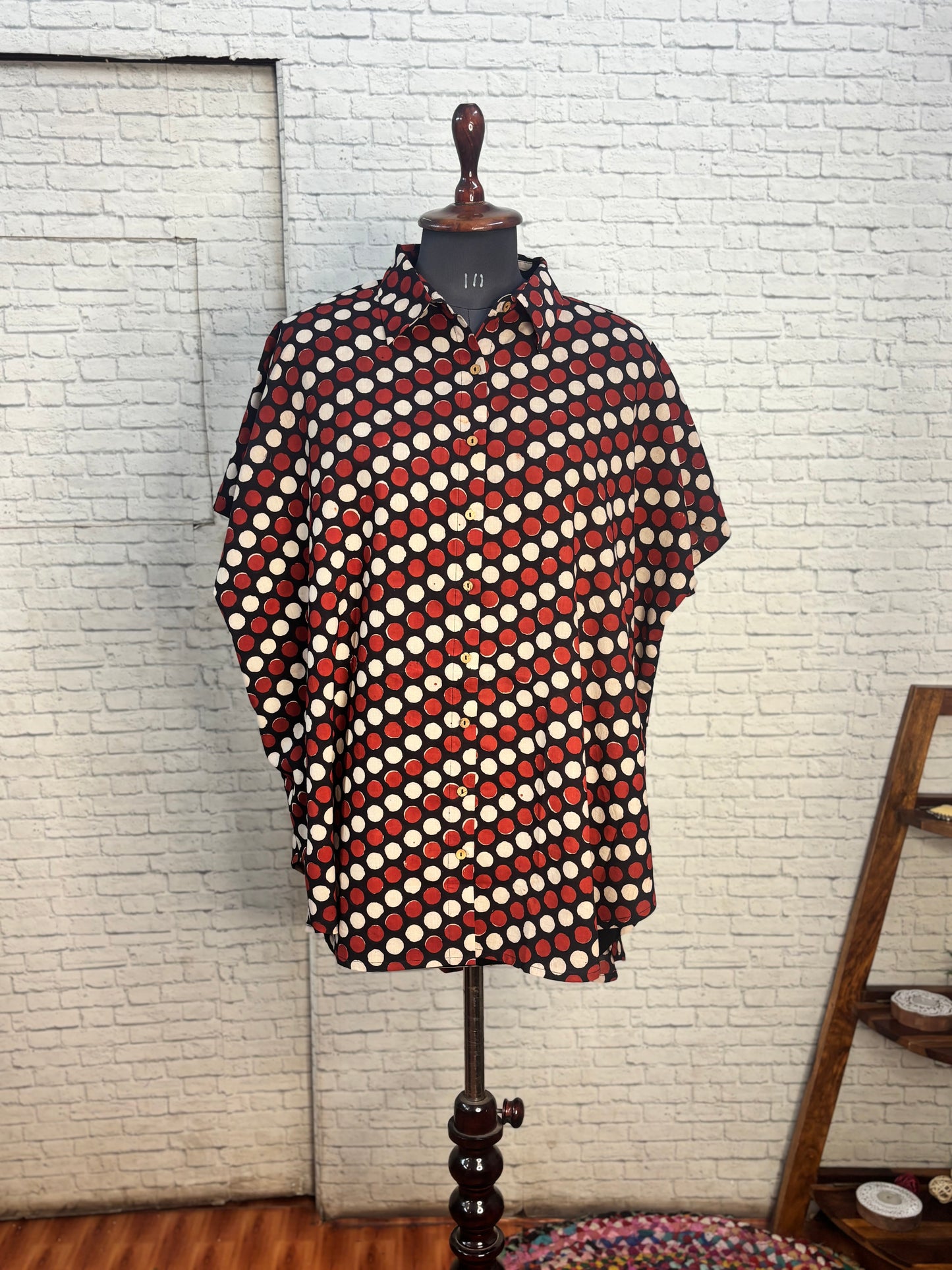 Red Black Polka Dot Cotton High Low Shirt Kaftan