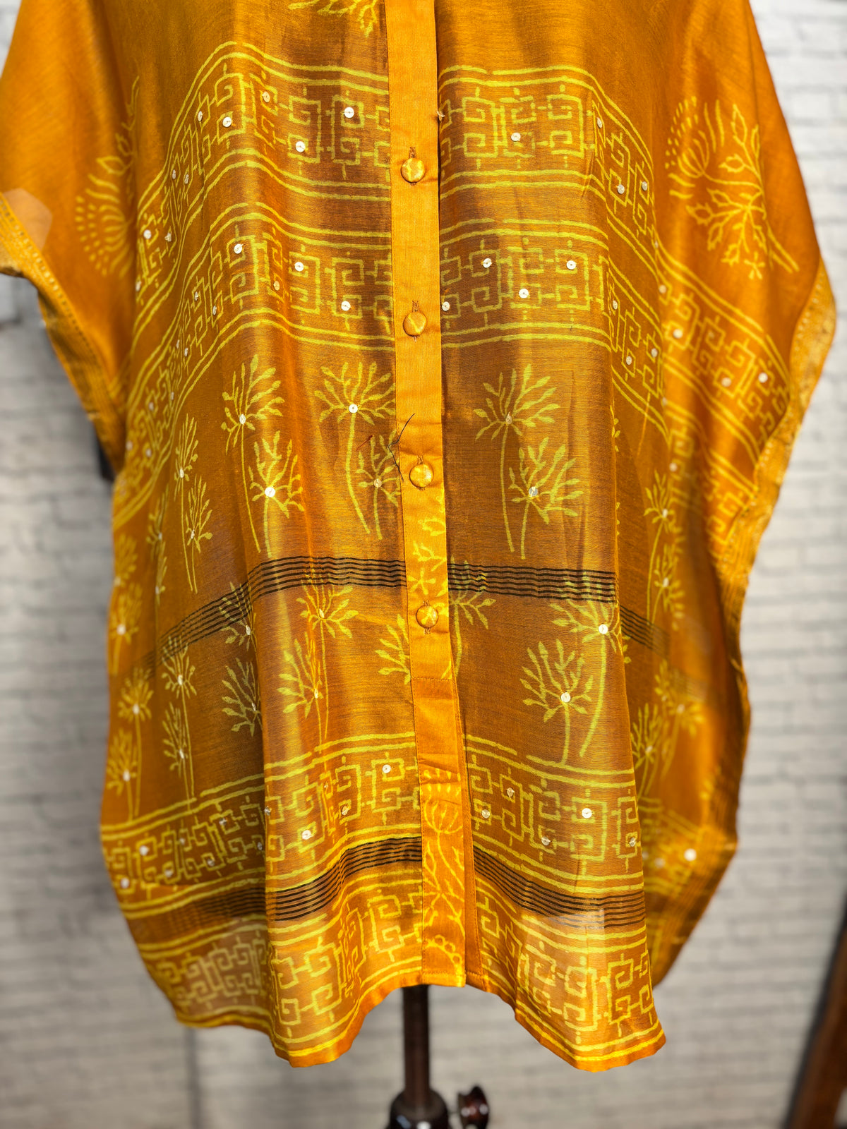 Yellow Hand Block Print Chanderi Shirt Kaftan with Sequin Detailing