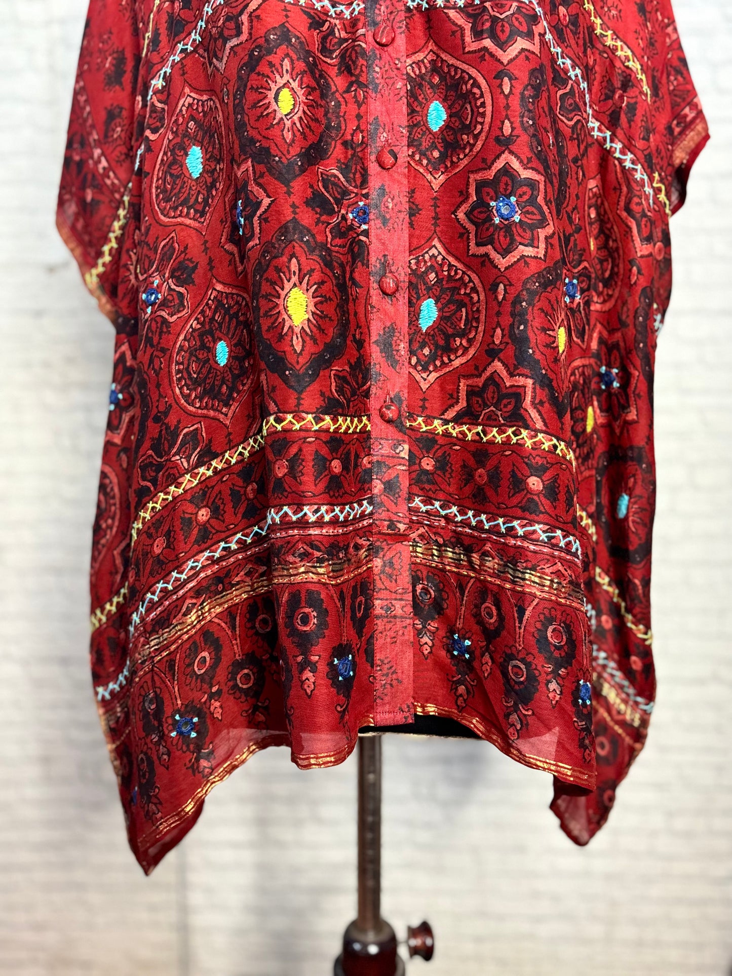 Red Ajrakh Chanderi Shirt Kaftan with Hand Embroidery