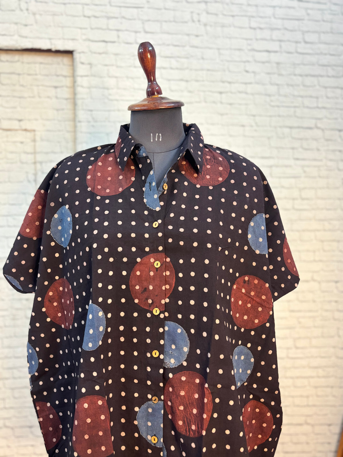 Black Ajrakh Dots Hand Block Printed Cotton High Low Shirt Kaftan