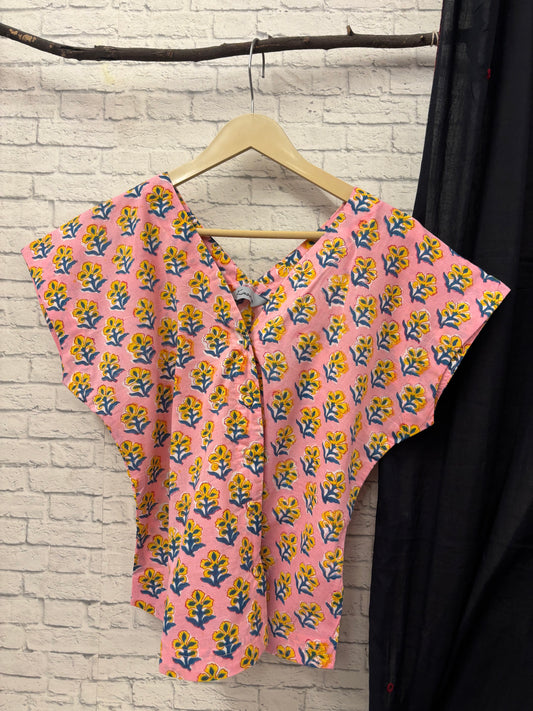 Pink Yellow Hand Block Printed Shirt with Mega Sleeves