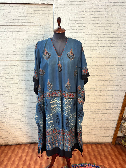 Indigo Ajrakh Long Kaftan with Gather and Tassels