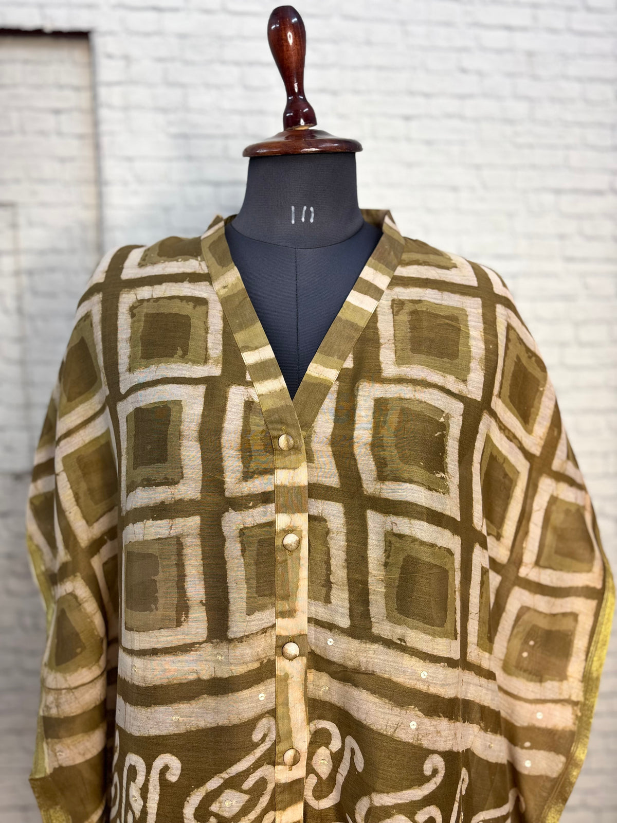 Olive Green Dabu Chanderi Shirt Kaftan with Sequin Detailing