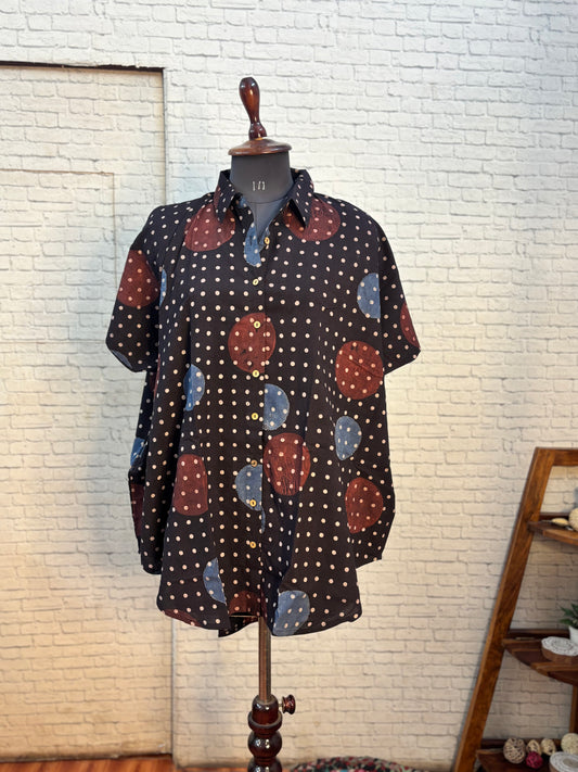 Black Ajrakh Dots Hand Block Printed Cotton High Low Shirt Kaftan