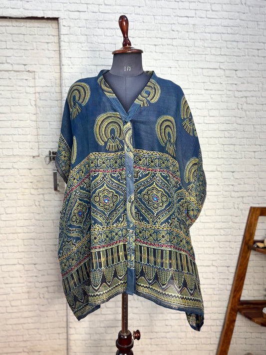 Indigo Green Ajrakh Chanderi Shirt Kaftan with Hand Embroidery