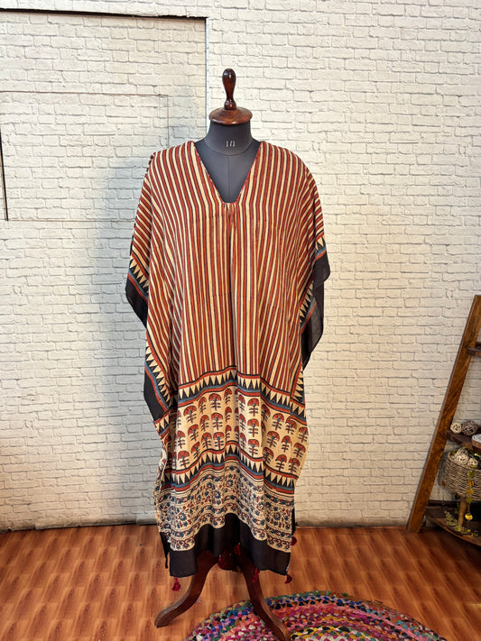 Red White Ajrakh Long Kaftan with Gather and Tassels