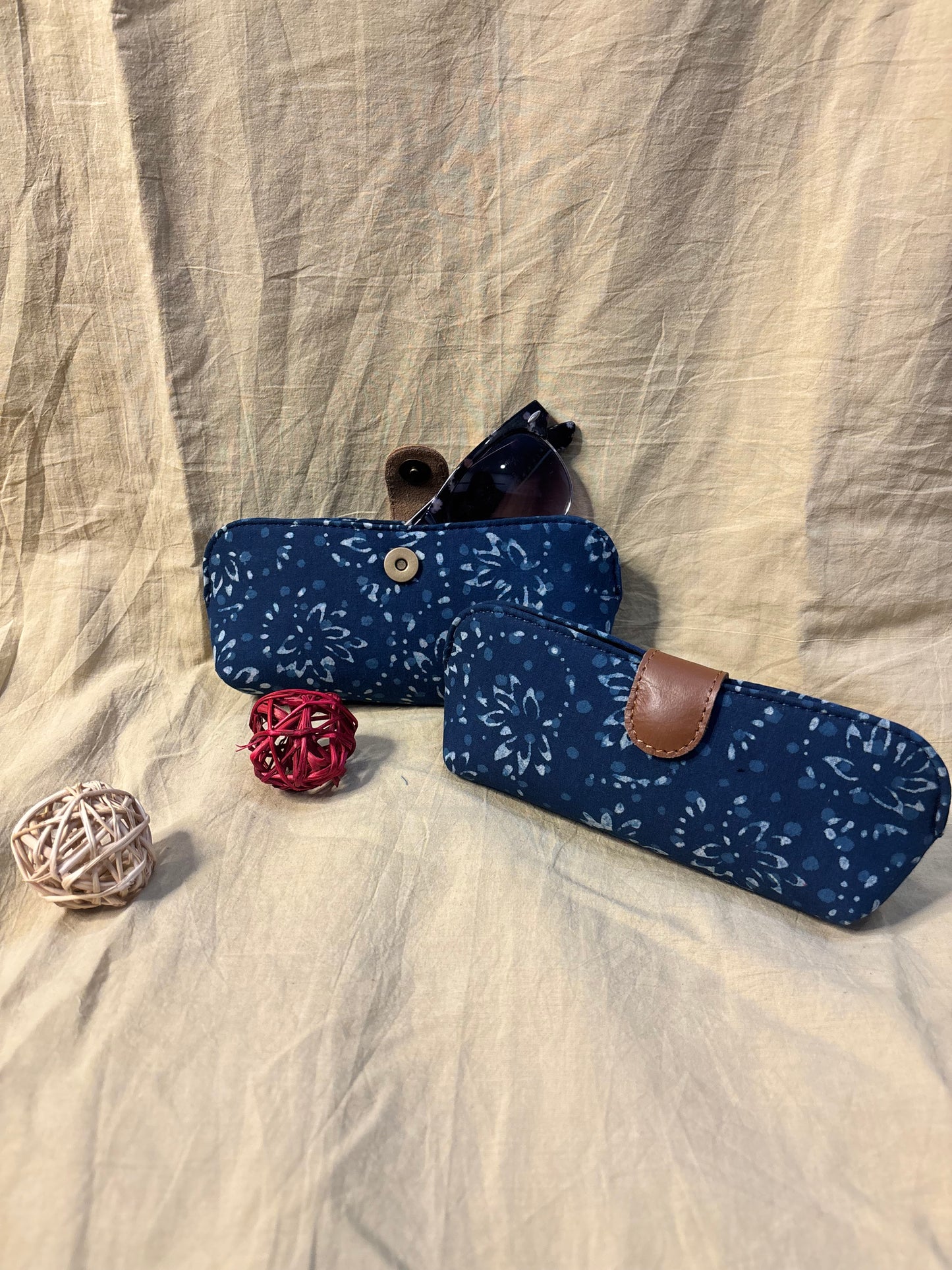 Indigo White Flowers Hand Block Print Eyewear Case