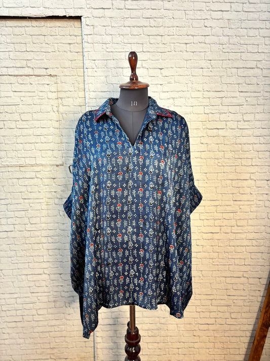 Indigo Red Flower Modal Silk Ajrakh Kaftan Top