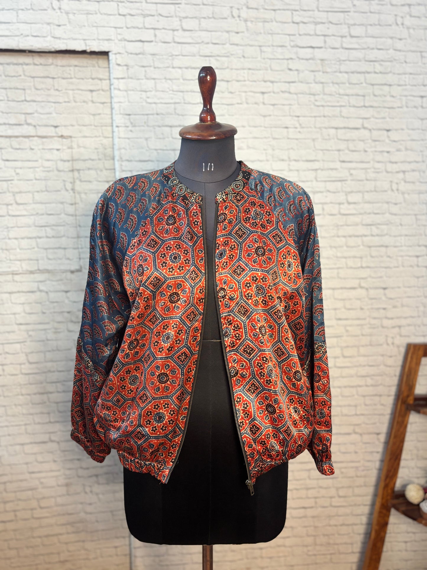 Red Indigo Mashru Silk Ajrakh Unisex Bomber Jacket
