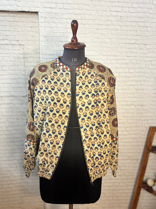 White Ajrakh Hand Block Printed Unisex Bomber Jacket