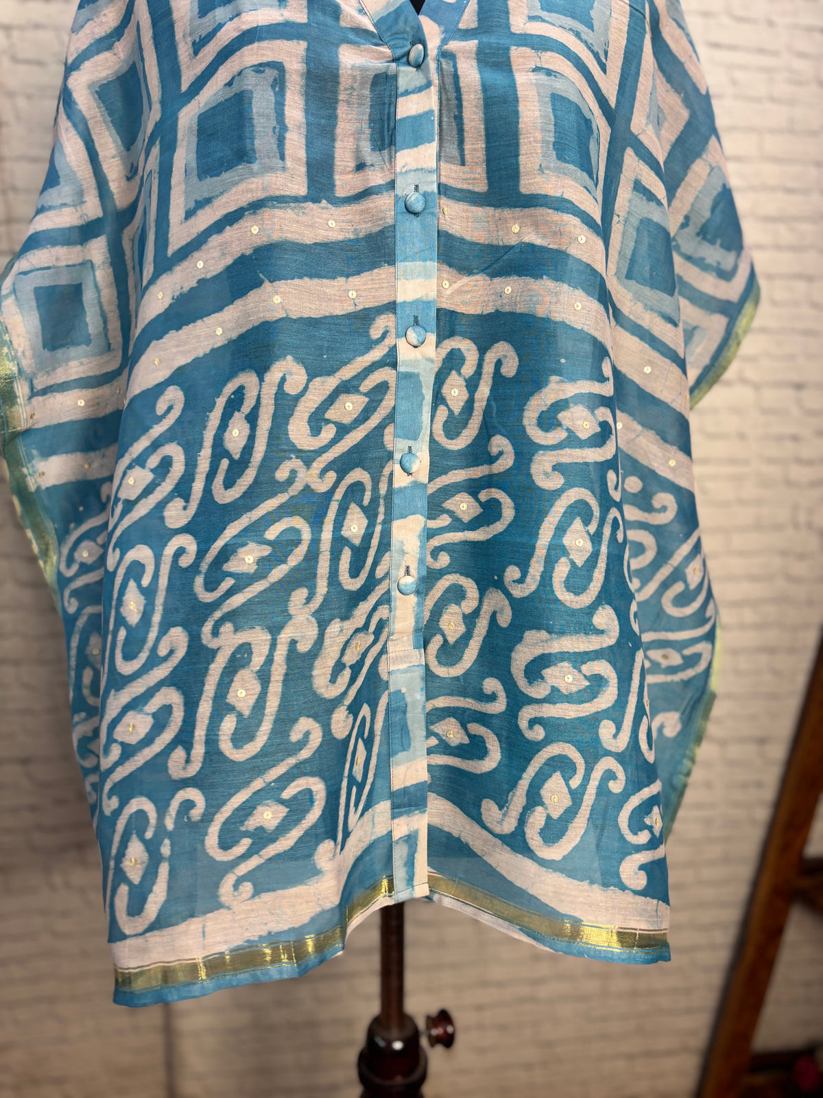 Blue Boxes Dabu Chanderi Shirt Kaftan with Sequin Detailing
