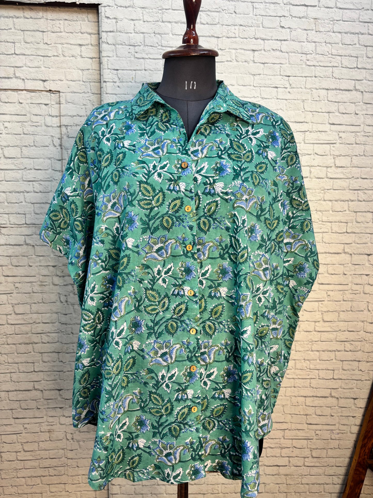 Green Floral  Hand Block Printed Cotton High Low Shirt Kaftan