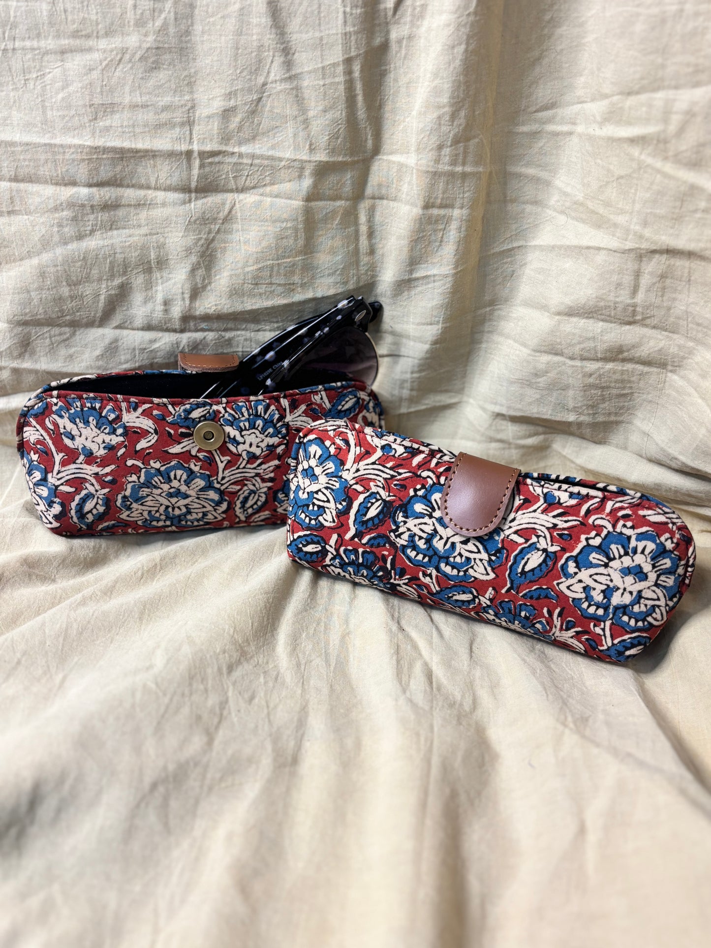 Red Blue Kalamkari Hand Block Print Eyewear Case