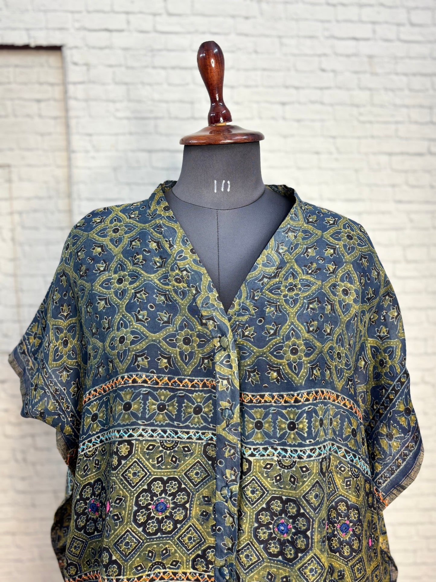 Indigo Green Ajrakh Chanderi Shirt Kaftan with Hand Embroidery
