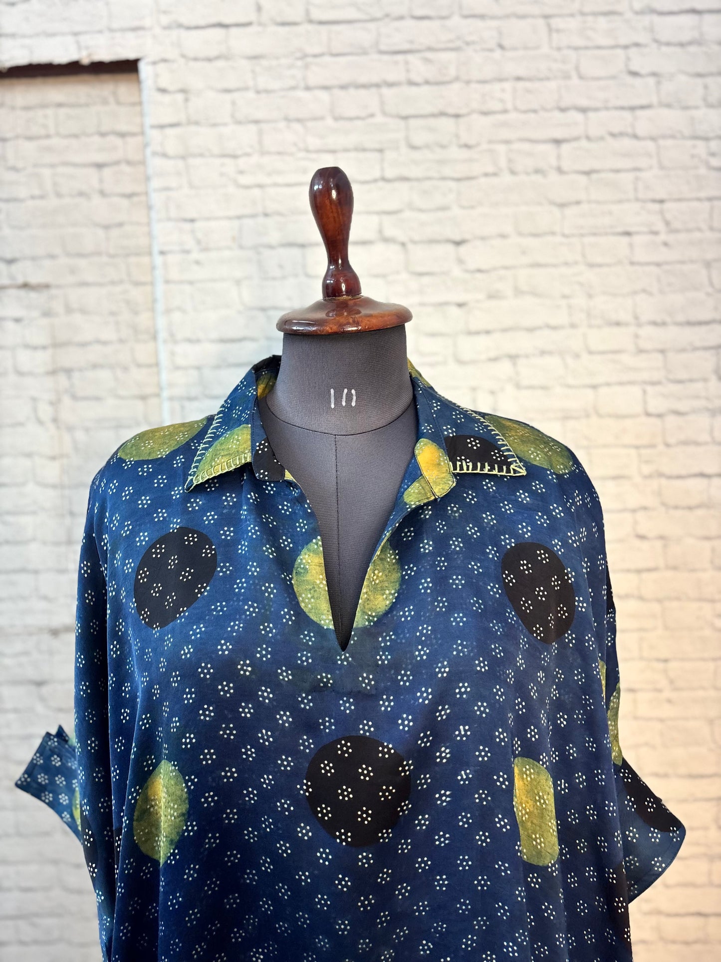 Indigo Green Circles Modal Silk Ajrakh Kaftan Top