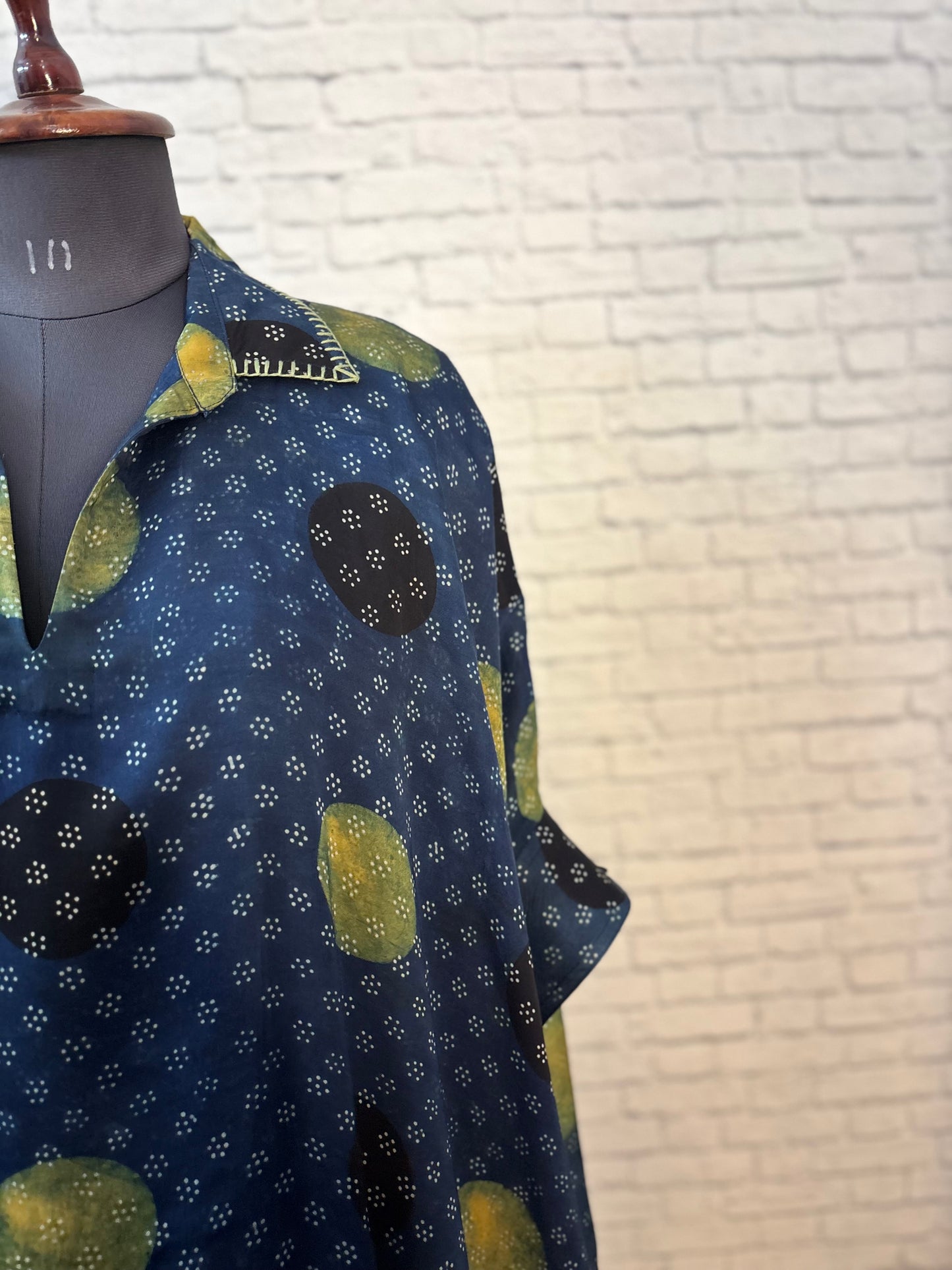 Indigo Green Circles Modal Silk Ajrakh Kaftan Top