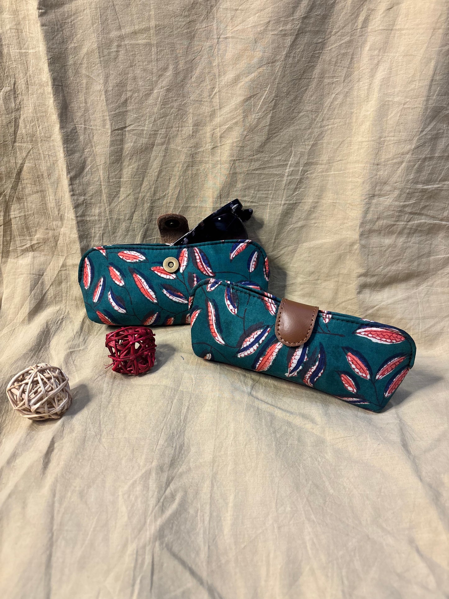 Teal Red Hand Block Print Eyewear Case