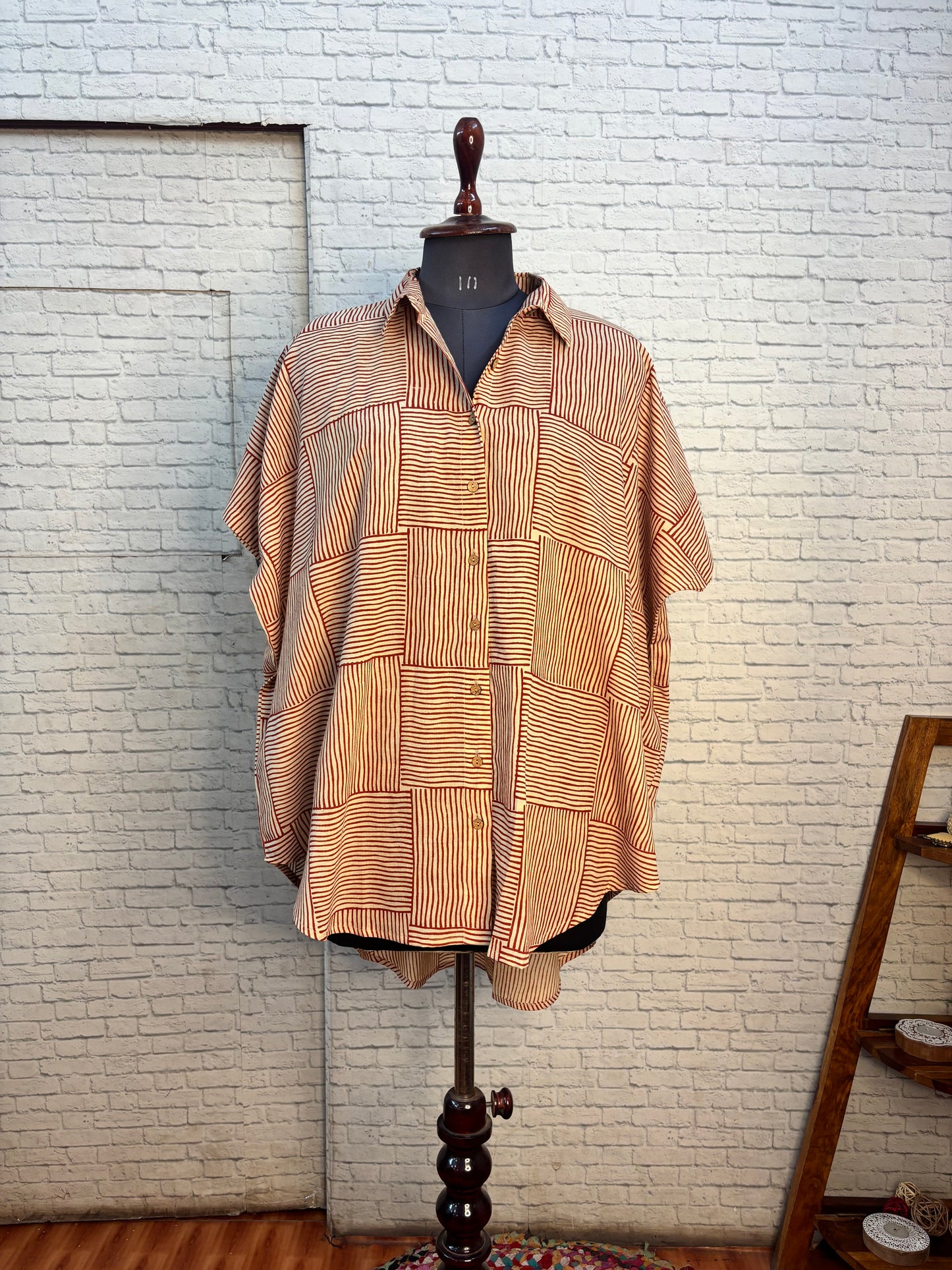 White Red Maze Hand Block Printed Cotton High Low Shirt Kaftan