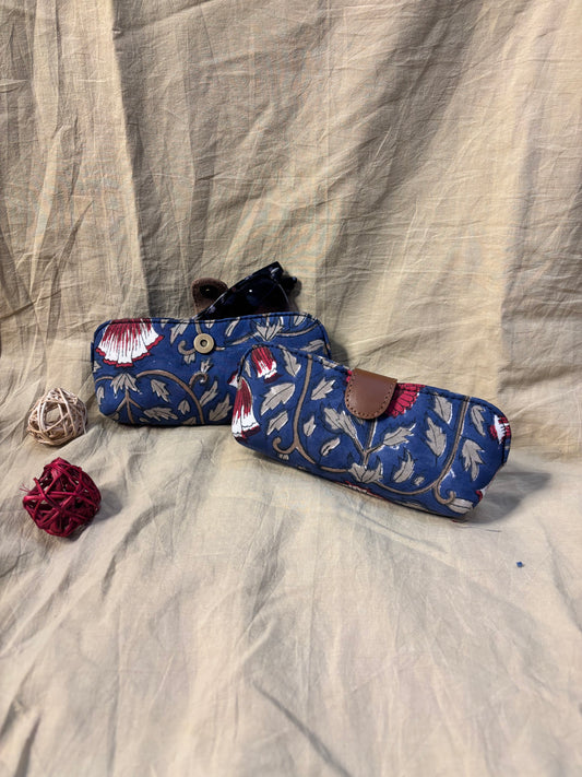 Blue Red Floral Hand Block Print Eyewear Case