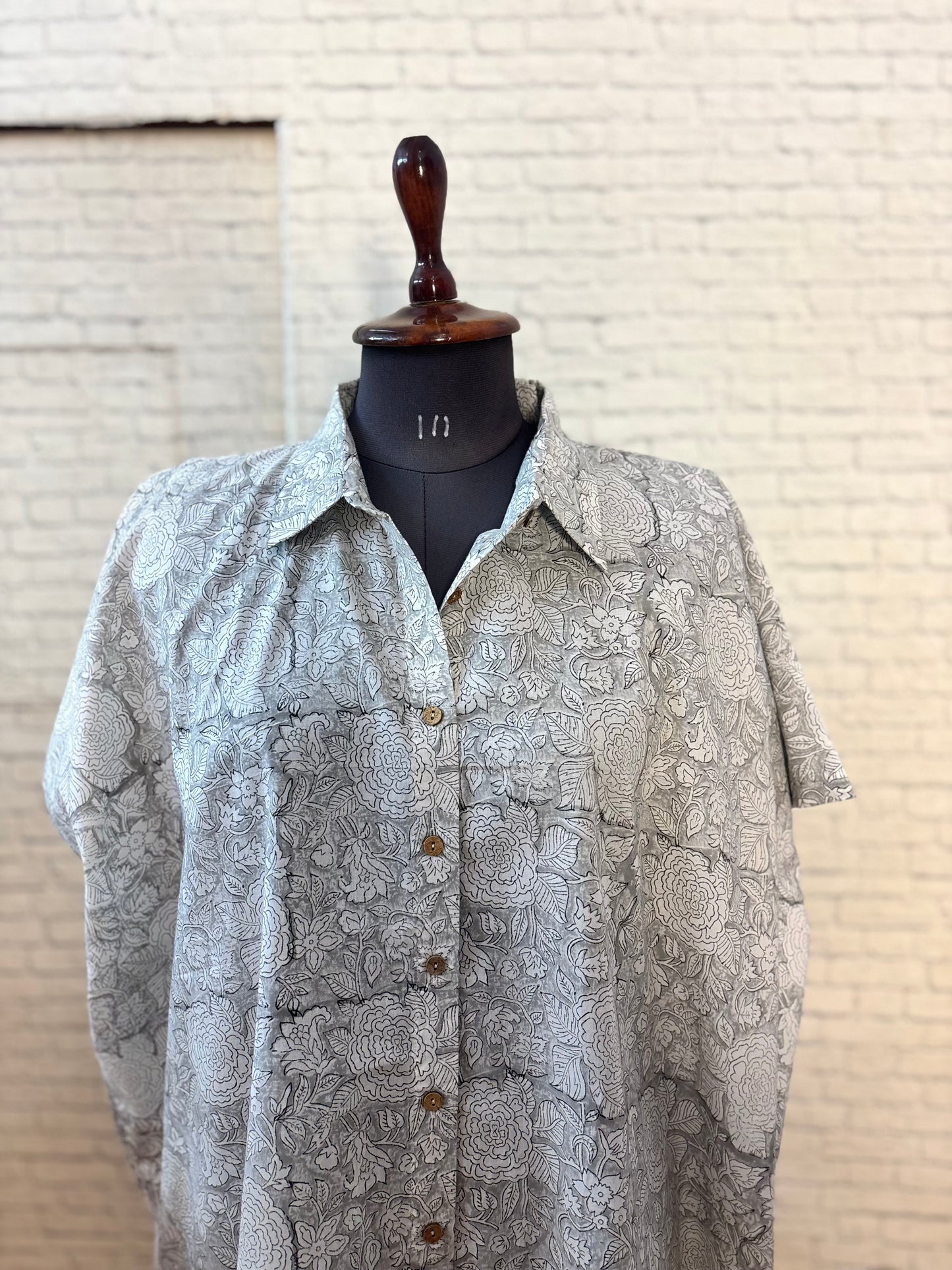 Ivory Grey Cotton Hand Block Printed High-Low Shirt Kaftan