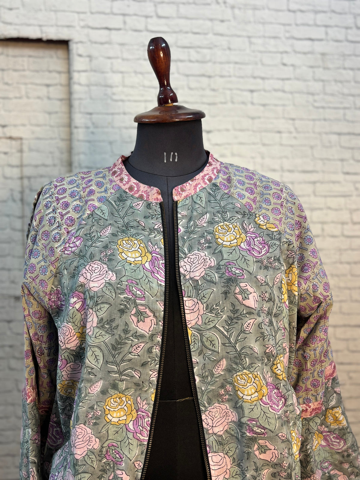 Grey Floral Hand Block Printed Unisex Bomber Jacket