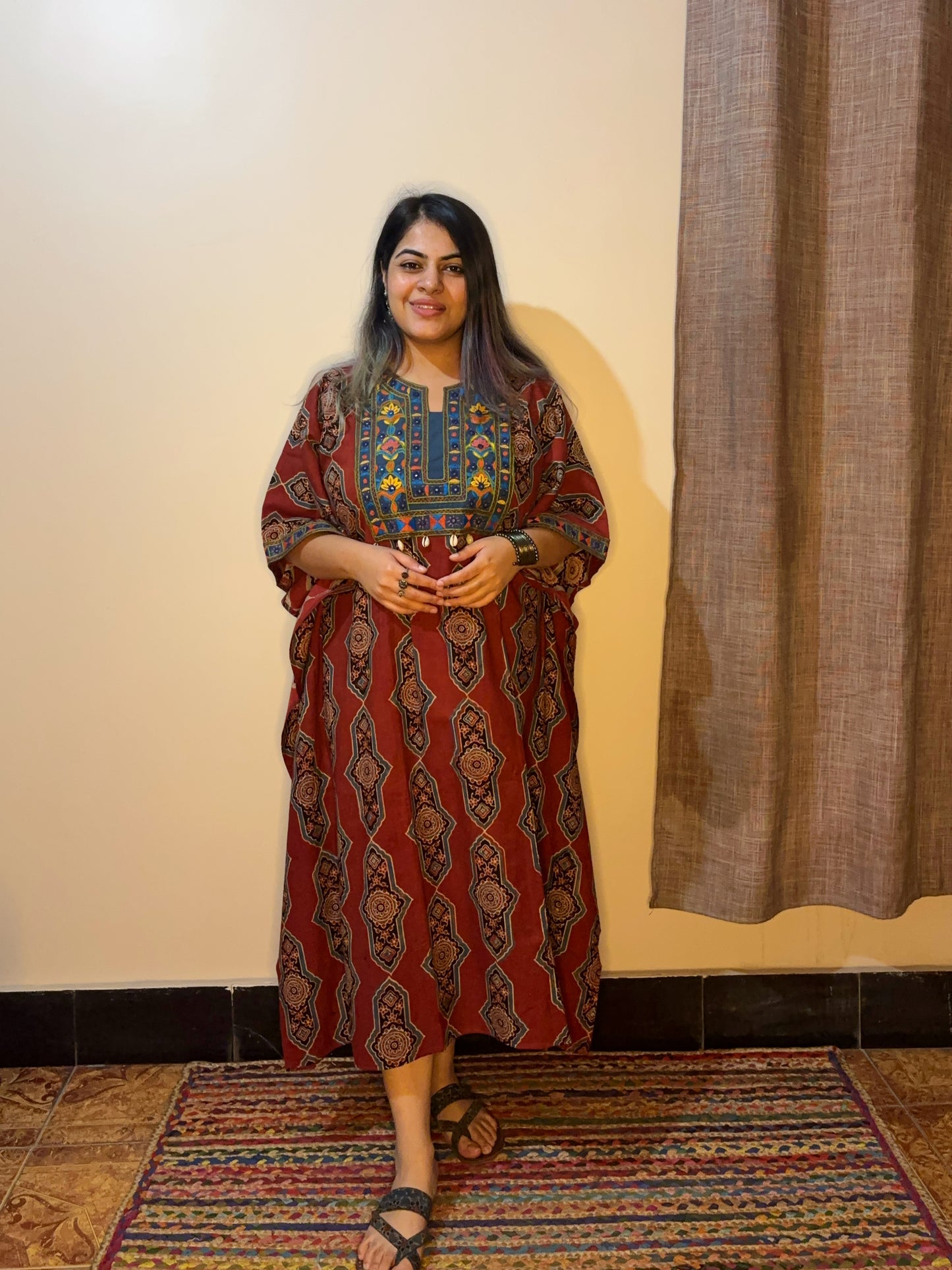 Red Ajrakh Hand Embroidered Patch Kaftan