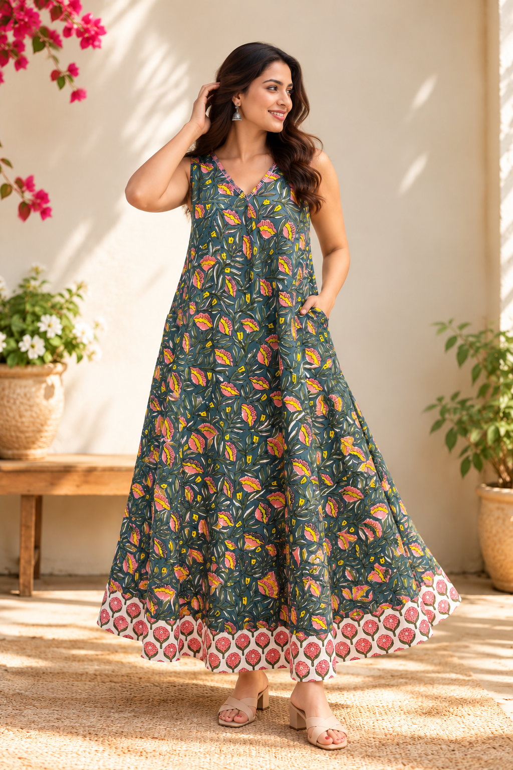 Gulbahaar Sleeveless Hand Block Printed Flared Maxi Dress