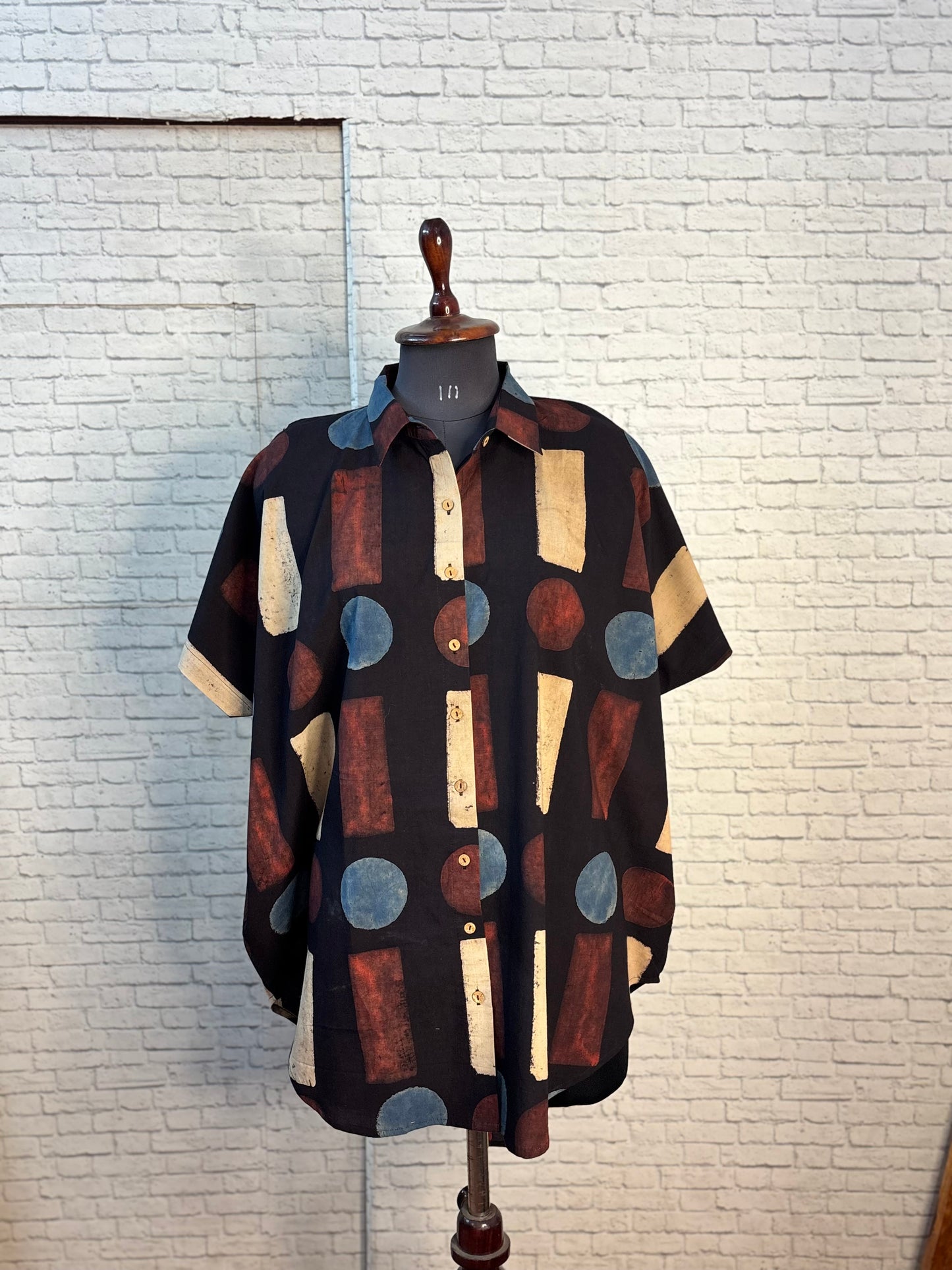 Coffee Geometric Ajrakh Cotton High Low Shirt Kaftan